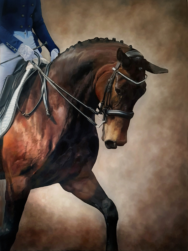 Portrait of a bay horse and dressage rider, painted in oils by UK pet portrait artist Pippa Elton