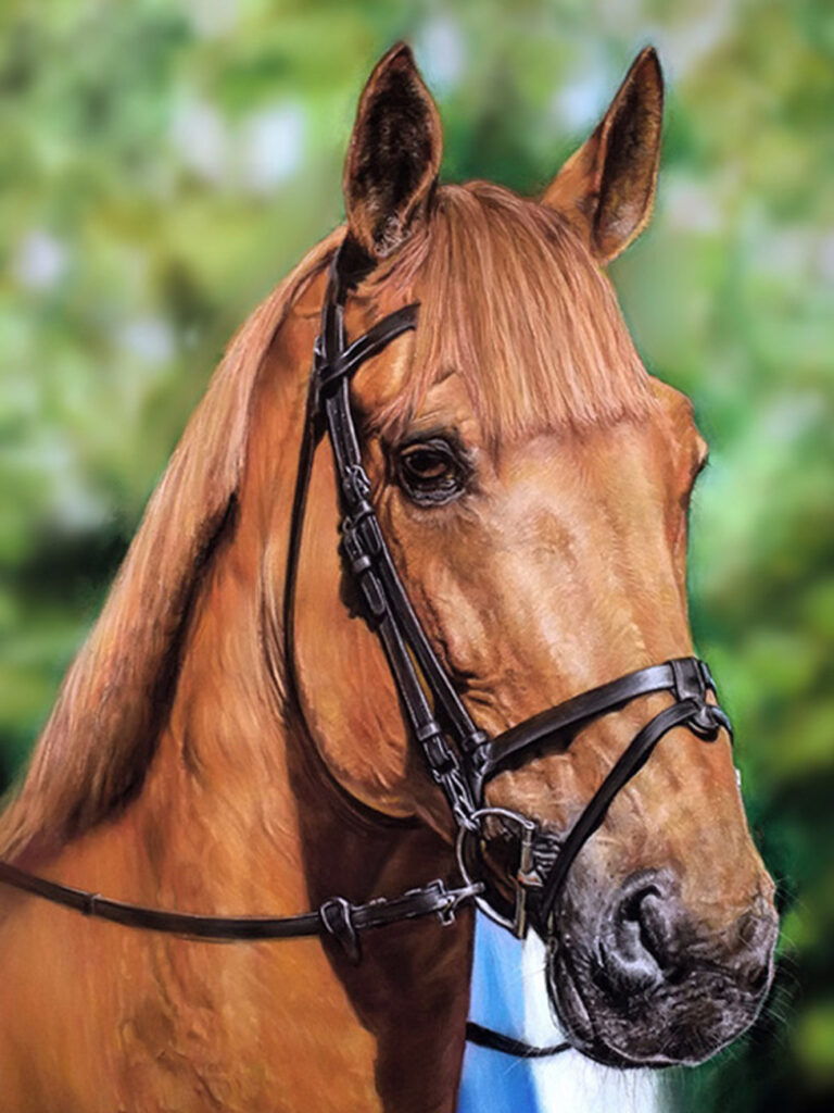 Head and neck portrait of a chestnut horse and landscape by UK pet portrait artist Pippa Elton