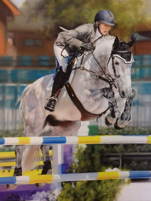 Portrait of a grey horse and rider at an equestrian event. painted in pastels by UK pet portrait artist Pippa Elton