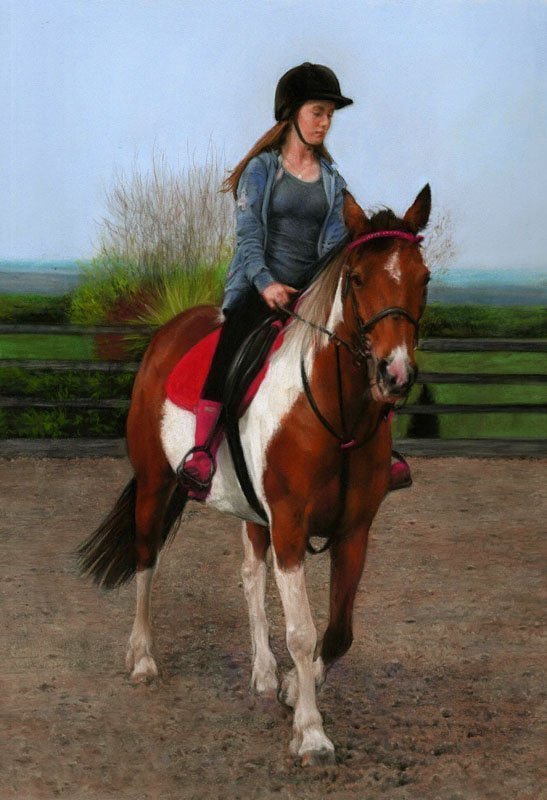 Horse and rider portrait in pastel by UK pet portrait artist Pippa Elton