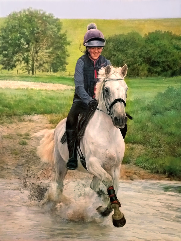 Grey horse portrait with rider in landscape painted in oils on canv Grey horse portrait with rider in landscape painted in oils on canvas by pet portrait artist Pippa Elton
